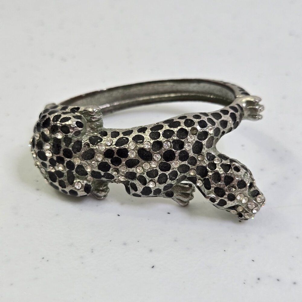 Natasha Silver Tone Rhinestone Jaguar Hinge Bangle Cuff Bracelet Panther Cat